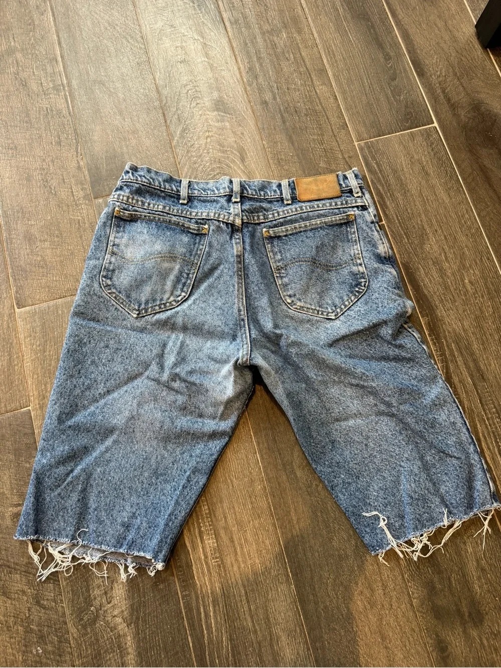 Long denim washed jean shorts